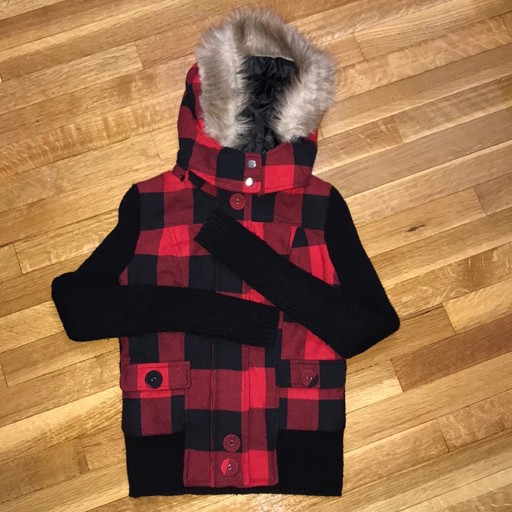 Black and Red Checkered Jacket w Detachable Hood